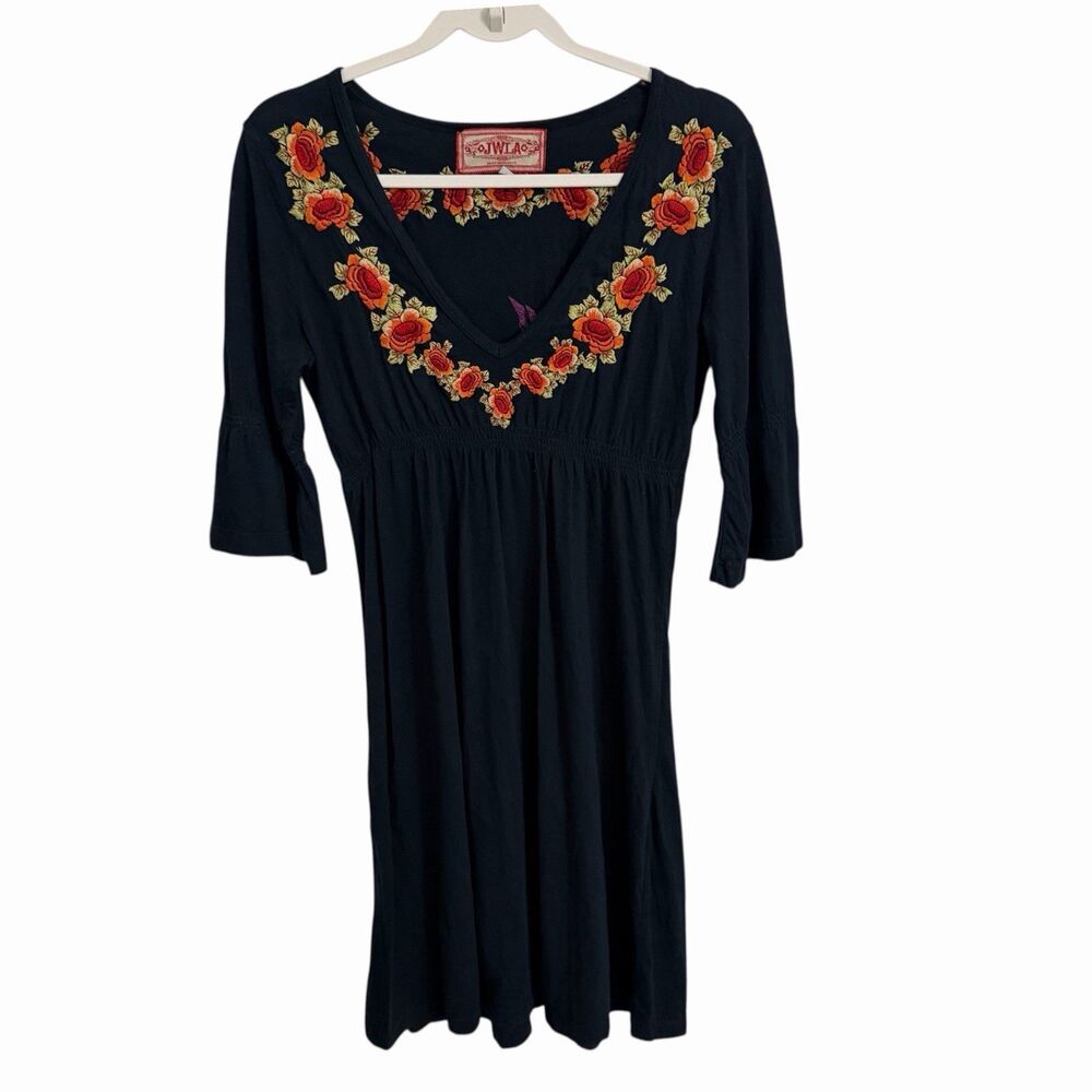 Johnny Was JW Los Angeles Dress Medium Blue Embroidered Flowers Tunic Boho JWLA